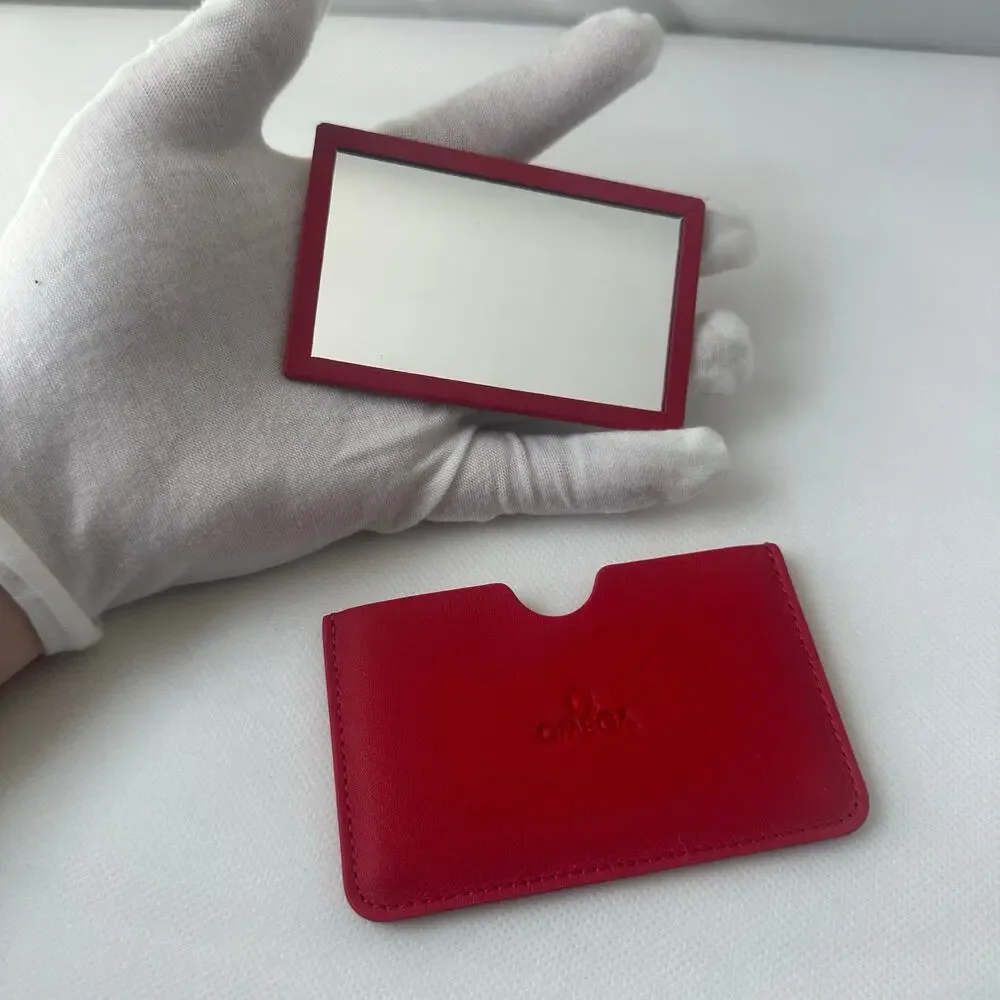 Omega NIB Red Leather Pocket Mirror w Box - Travel Accessory, Executive Style